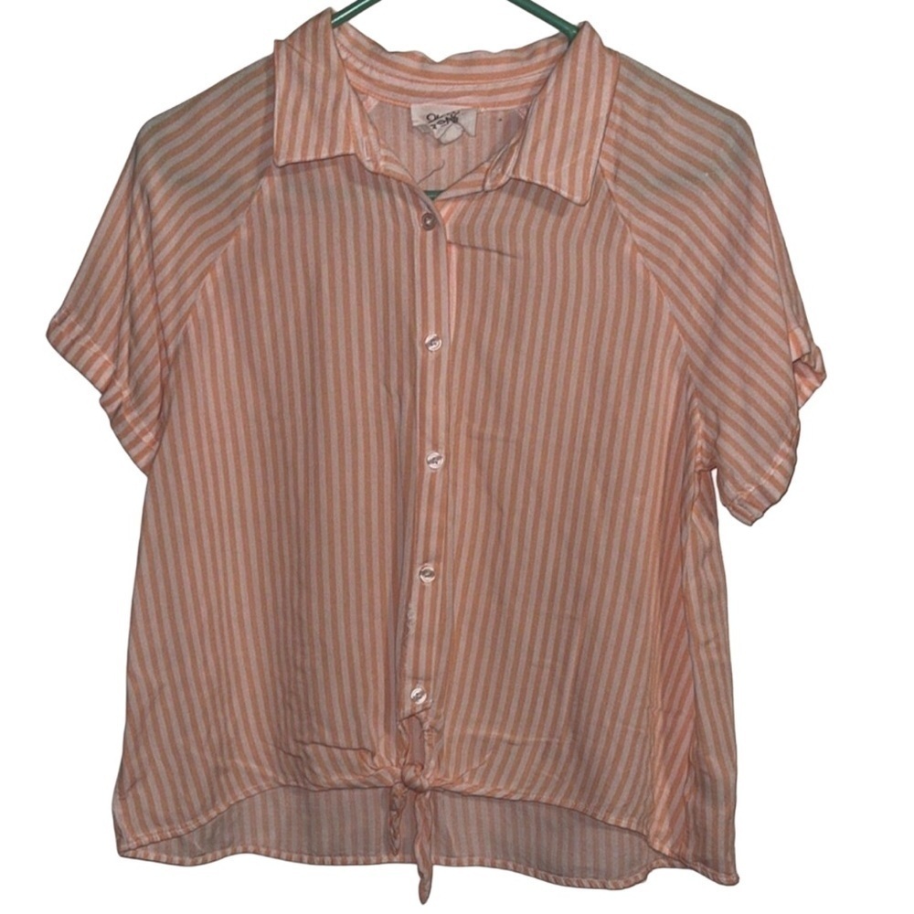 🍒Olive & Oak Striped Peach Button-Up Tie bottom Blouse